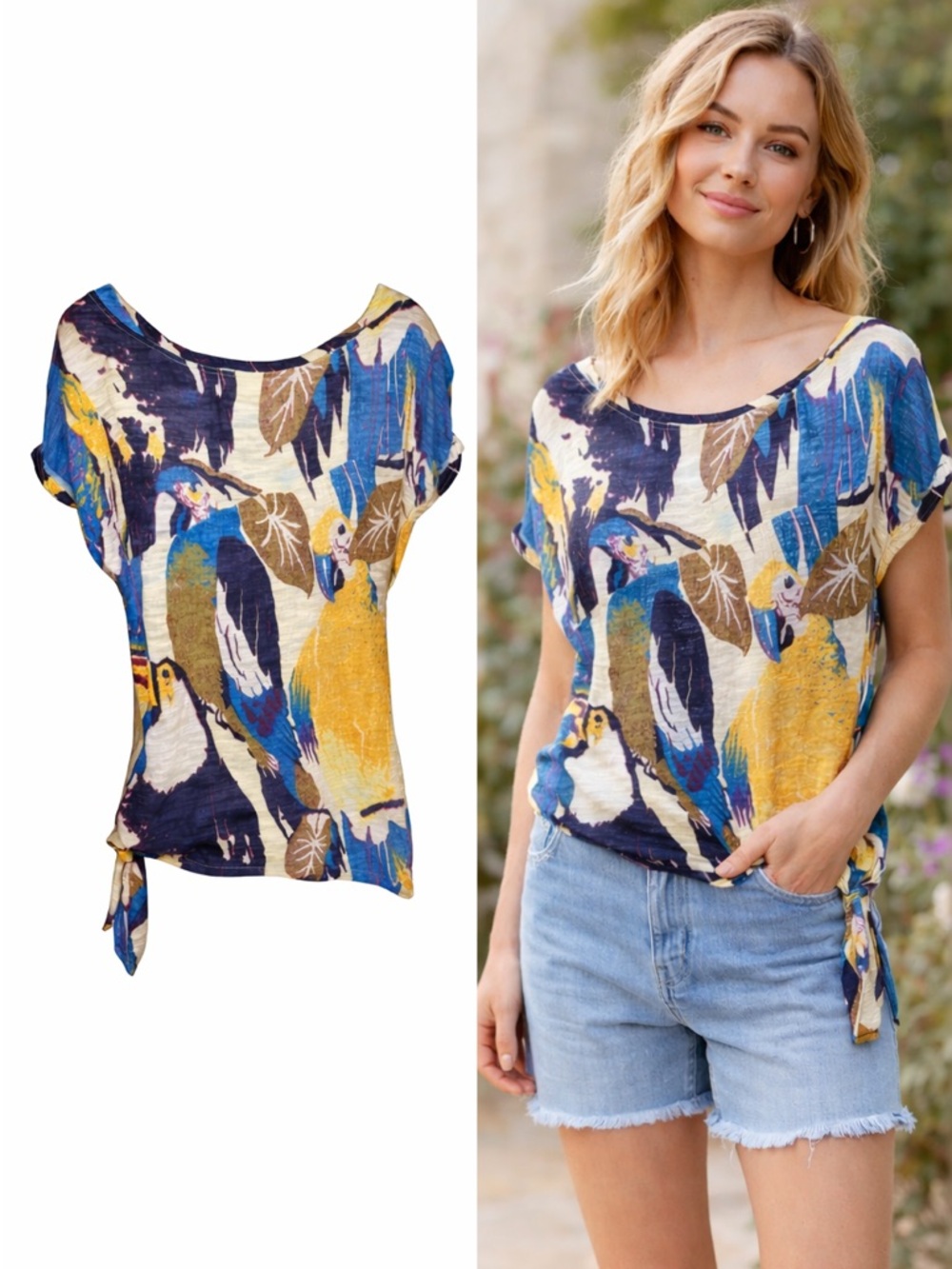 Deletta Tropical Parrot Print Top | Blue Yellow Rayon | Side Tie Blouse | Size L - Picture 1 of 6
